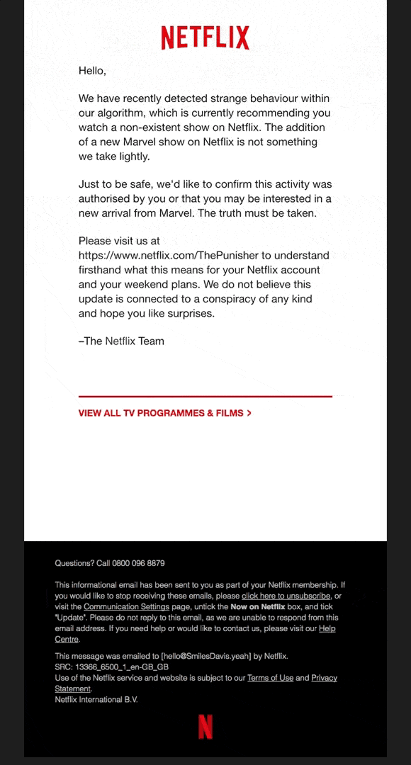 A full image GIF email design by Netflix.