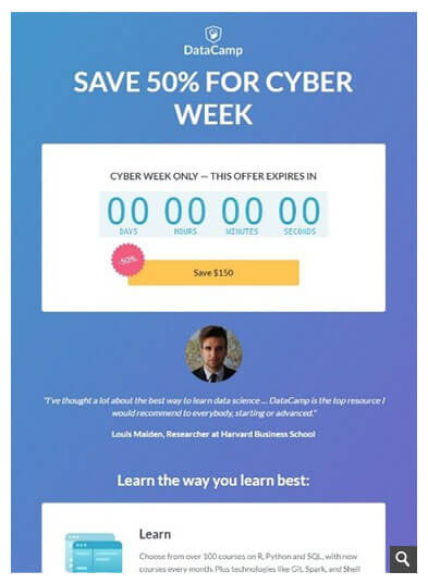 An email design by Datacamp demonstrating countdown effect