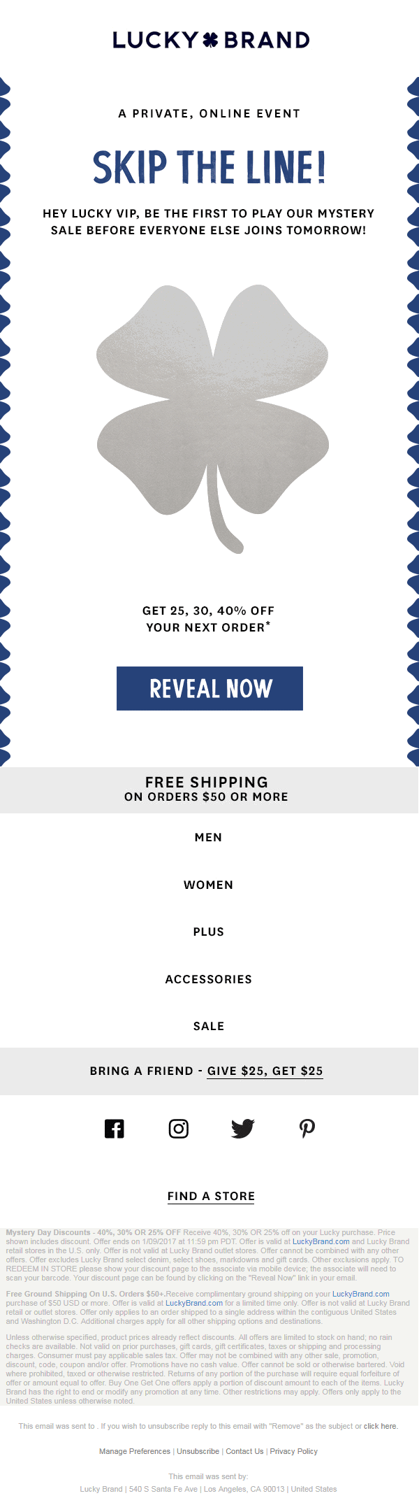 VIP loyalty in email shown by Lucky Brand